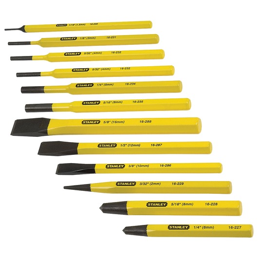 Photo of STANLEY 16-299 yellow and black cold chisel and punch set, 12-piece, arranged on white background.