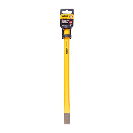 STANLEY 16-314 cold chisel, yellow hand tool with flat blade, front view on white background.