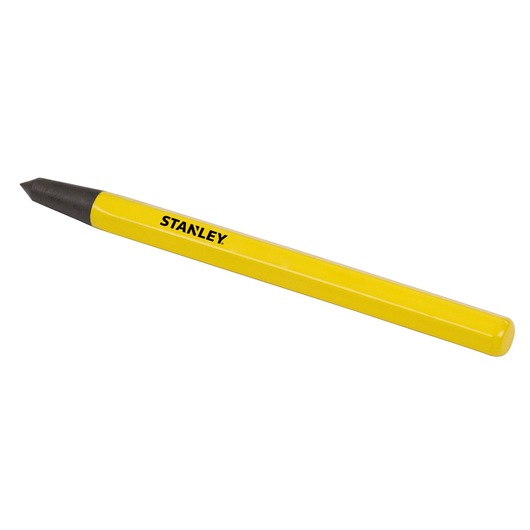 Stanley 16-325 yellow steel center punch, angled view, black tip and bold logo.