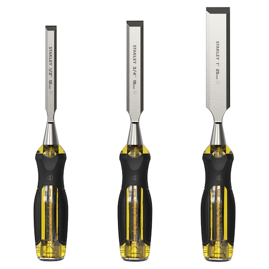 STANLEY 16-970 woodworking chisel set, three chisels with black and yellow handles, front angle.