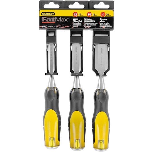 STANLEY 16-970 wood chisel set, three FatMax chisels with yellow and black handles, front angle.