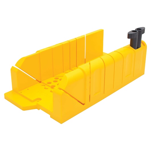 Stanley yellow plastic miter box with angled slots and black clamp, front angled view, white background