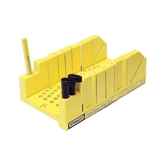 Stanley yellow cam clamp miter box shown at front angle, with black pegs and multiple angled cutting slots.