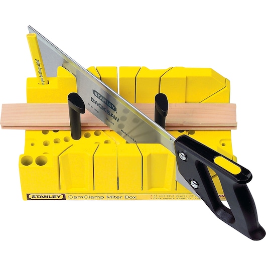 Stanley CamClamp Miter Box with black handle back saw, yellow base, and wood piece, front angle on white background.