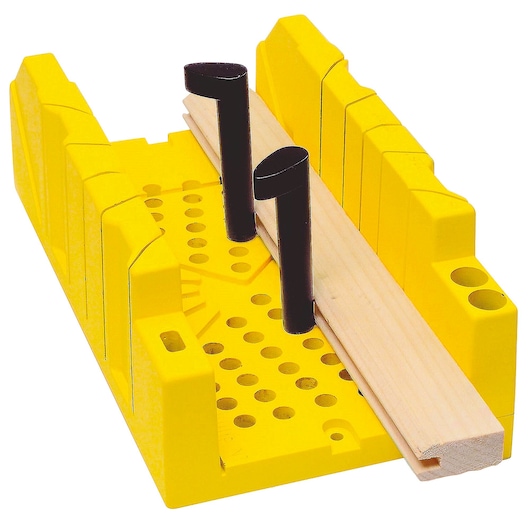 Stanley 20-112 yellow miter box with black pegs and wooden board, front angle photography.