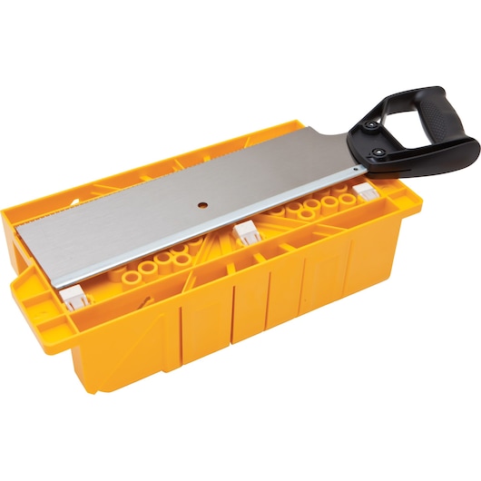 Stanley miter box and saw set side view, yellow plastic box with metal saw and black handle