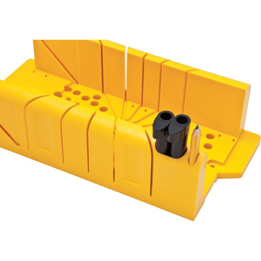 STANLEY 20-600 yellow plastic miter box with pencil and black accessory, angled product photo.