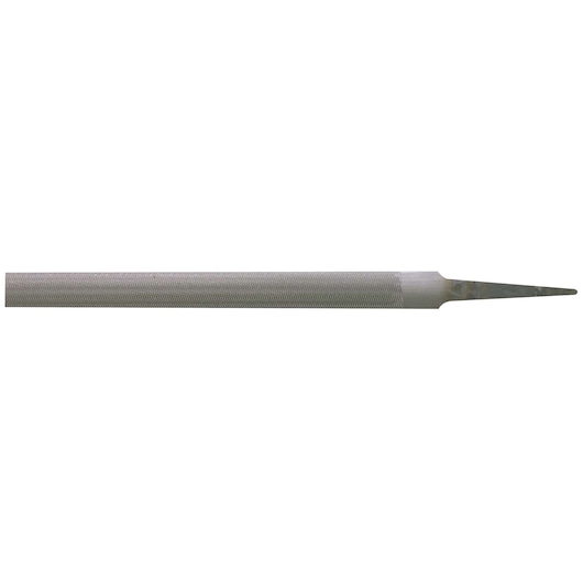 STANLEY round metal file side view on white background, fine cross-cut texture, pointed tip