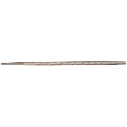 Stanley round metal file side view with textured surface and tapered tip on white background