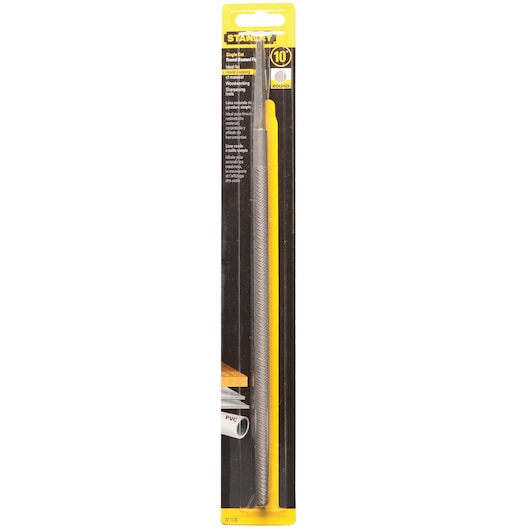 STANLEY 22-178 round bastard file, 10 inch, hand tool in yellow and black packaging, front angle on white background.