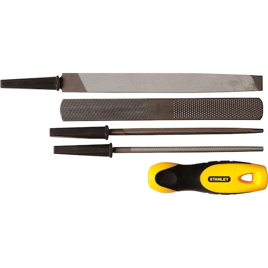 STANLEY 22-314 file set with four metal files and one yellow-black interchangeable handle, top view.