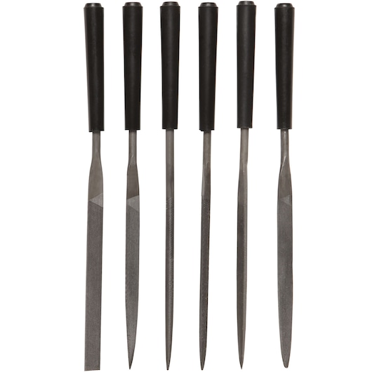 STANLEY 22-316 file set with six black-handled metal files, straight view, on white background.