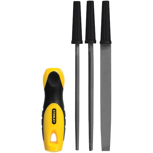 Front view of STANLEY file set with three metal files and one yellow-black ergonomic handle