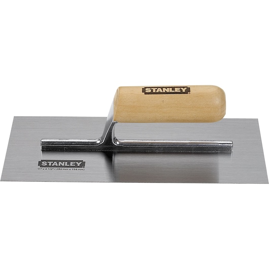 STANLEY 24-146 plastering trowel with wooden handle, top view on white background.