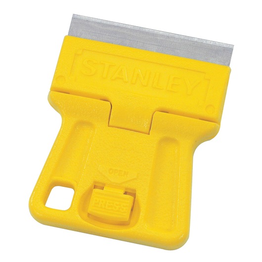 Stanley 28-100 yellow plastic razor scraper, front angle, with metal blade and thumb slider.