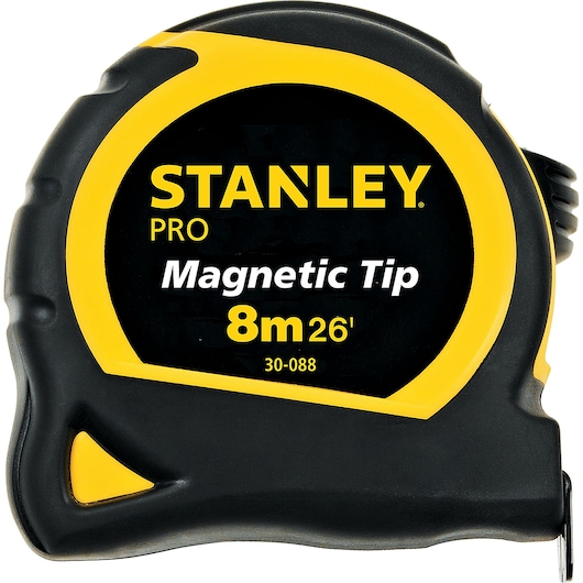 Stanley 30-088 PRO magnetic tip tape measure, black and yellow, front angle on white background.