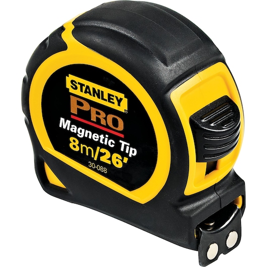 Stanley 30-088 PRO tape measure, magnetic tip, 8m/26ft, black and yellow, product angle on white background.