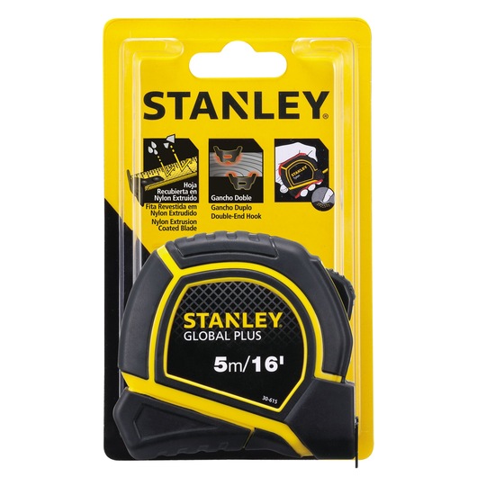 Stanley 30-615 tape measure, black and yellow, 5m/16ft, front angle photo on retail packaging.