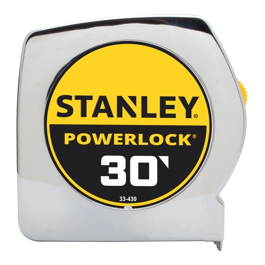 Front view of STANLEY PowerLock 30-foot tape measure with chrome casing and yellow label on white background.