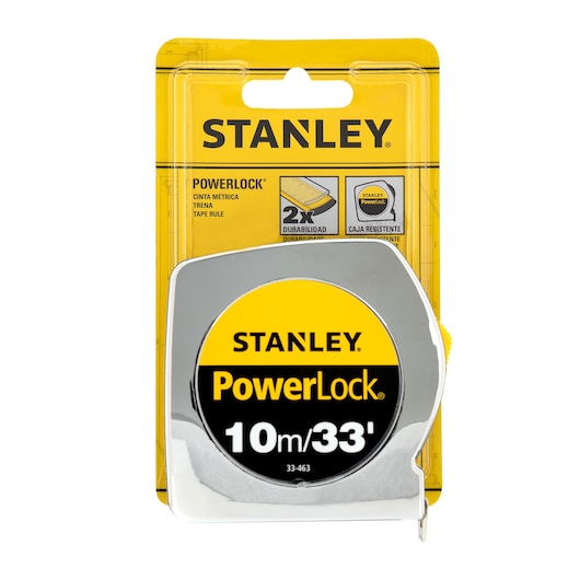 Photo of STANLEY 33-463 PowerLock tape measure, 10m/33', in retail packaging, front angle, yellow and black design.