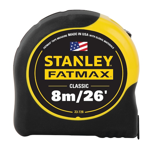 Front angle of STANLEY FATMAX Classic tape measure, black and yellow, 8m/26ft length, SKU 33-726, white background
