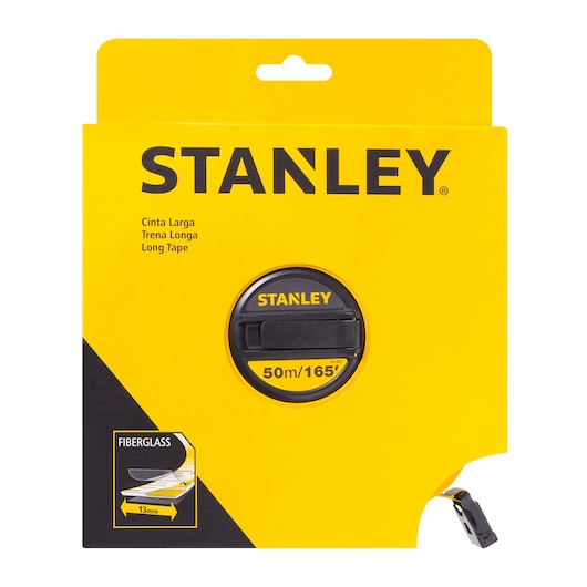 Photo of STANLEY 34-263 long tape measure, 50m/165ft, fiberglass, yellow and black packaging, front angle.