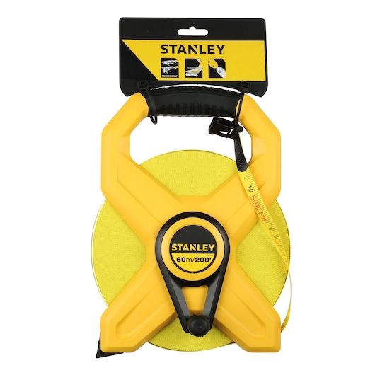 Stanley 34-794S photography of yellow open reel tape measure, 60m length, front angle on white background.
