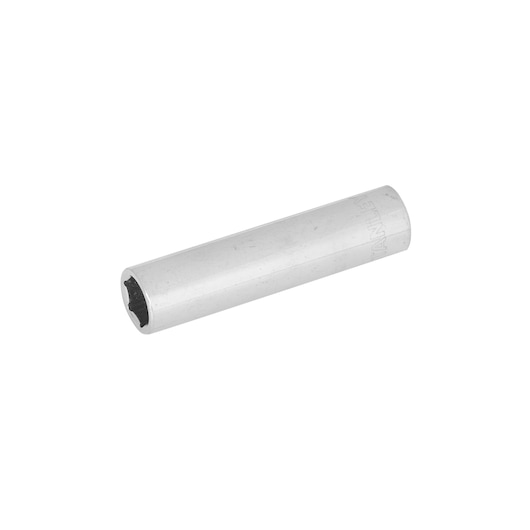 Stanley 4-86-096 silver long socket, photography of hand tool on white background, angled side view.