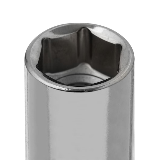 STANLEY 4-86-308 chrome socket close-up photo, hexagonal shape, metallic finish, white background.