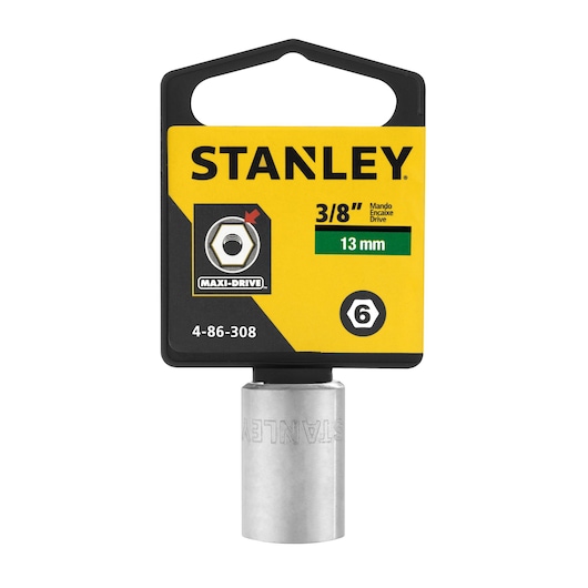 Stanley 4-86-308 13mm socket with Maxi-Drive branding, photography, front angle on white background.
