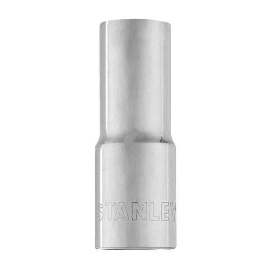 STANLEY 4-86-322 chrome deep socket tool, cylindrical, front view, white background.