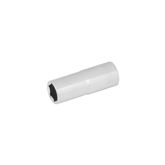 STANLEY 4-86-323 chrome deep socket, angled side view, white background, hand tool accessory.