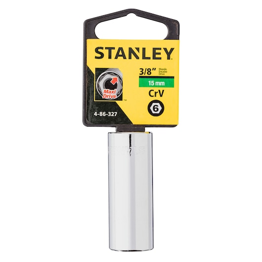 STANLEY 4-86-327 chrome 15mm socket, photography of front angle with product label and Maxi Drive logo.