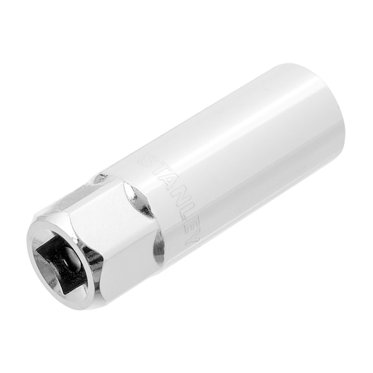 STANLEY 4-86-380 chrome deep socket, side angle, with embossed brand name for hand tool use.