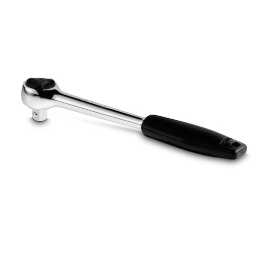 STANLEY 4-86-397 ratchet wrench with polished chrome handle and black grip, side angle on white background.