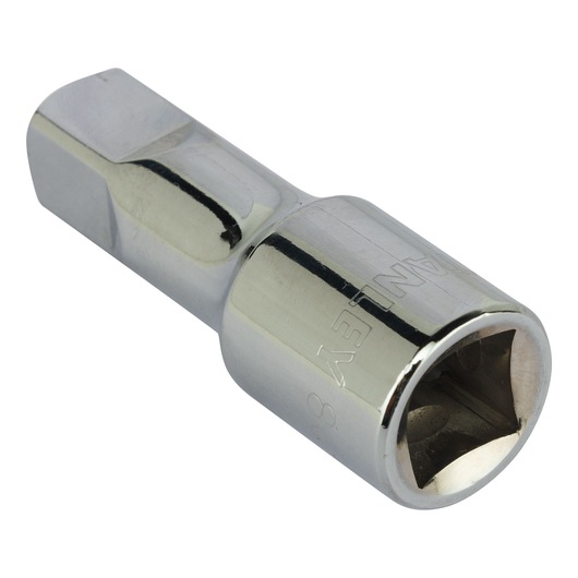 STANLEY 4-86-406 chrome socket, photography of hexagonal socket tool, angled on white background.