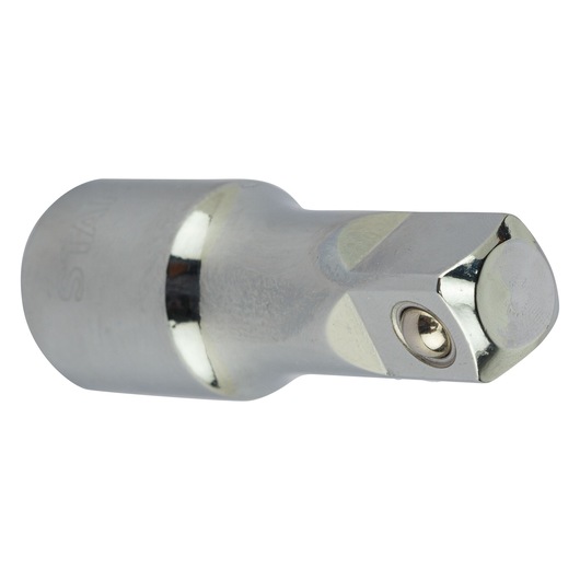 Stanley 4-86-406 chrome socket adapter, side angle, photography of tool accessory on white background.