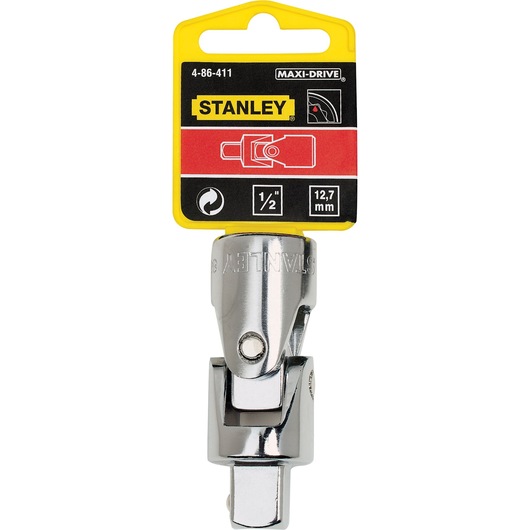 Photo of STANLEY 4-86-411 chrome universal joint, 1/2 inch drive, for socket wrenches, front view on white.