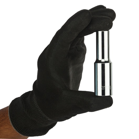 STANLEY 4-86-419 chrome socket, held by gloved hand, product photography, side angle, white background.