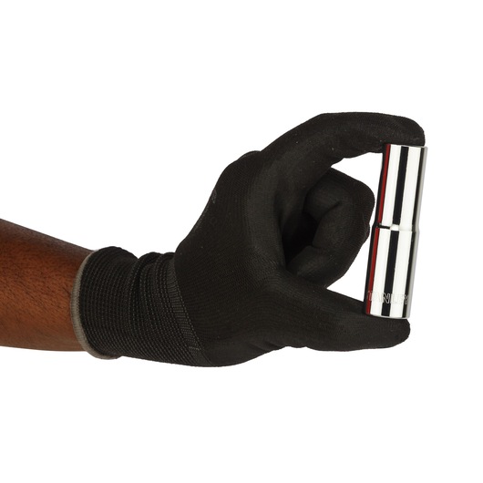 Photo of a gloved hand holding a STANLEY 4-86-422 chrome socket tool against a white background.
