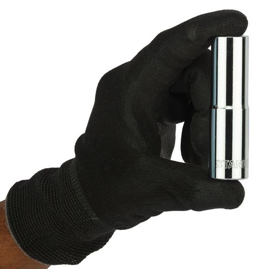 STANLEY 4-86-423 chrome socket held by a black-gloved hand, product side view, photography.