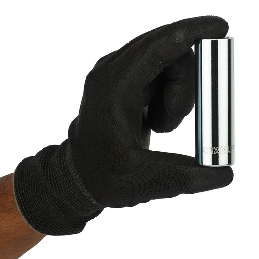 Photo of a hand in a black glove holding a STANLEY 4-86-425 chrome socket tool, front angle, white background.