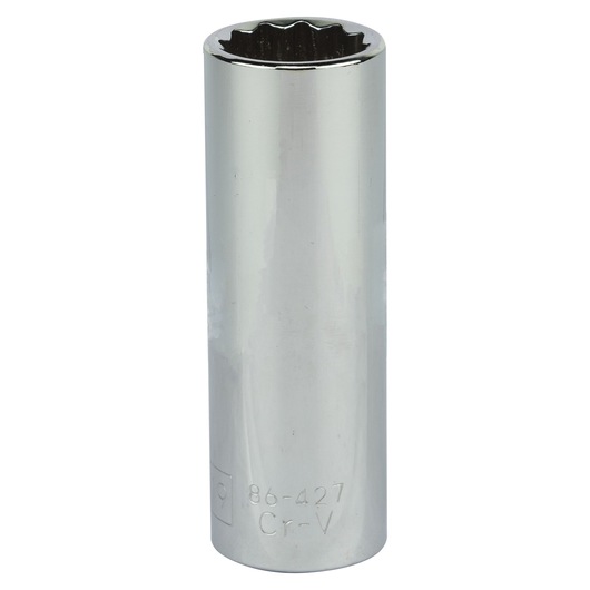 STANLEY 4-86-427 chrome deep socket on white background, cylindrical tool for turning fasteners.