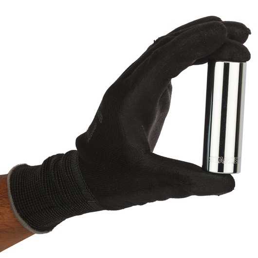 Photo of STANLEY 4-86-429 chrome socket held by a gloved hand, white background, tool category.