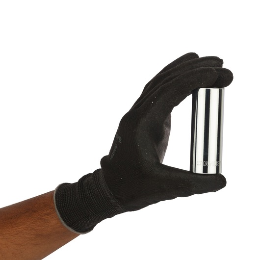 Photo of STANLEY 4-86-430 chrome socket held in a black gloved hand, side angle, on white background.