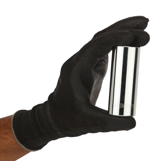 Stanley 4-86-432 chrome socket held by gloved hand, product photography with white background.