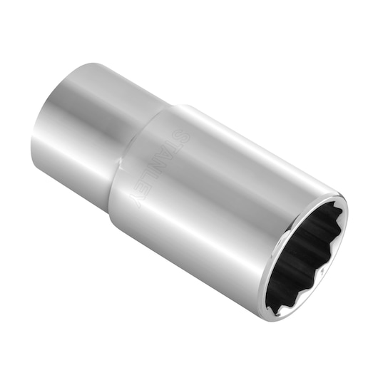 STANLEY 4-86-436 chrome socket, cylindrical hand tool, side angle on white background.