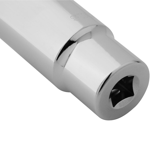 STANLEY 4-86-436 chrome socket tool close-up, showing cylindrical shape and polished finish on white background.