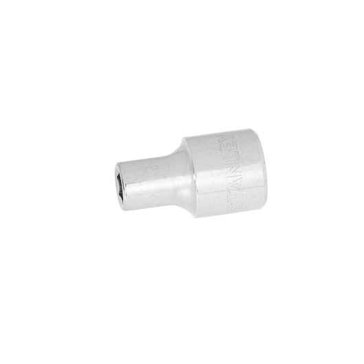 STANLEY 4-86-441 chrome socket adapter, side angle on white background, hand tool accessory.
