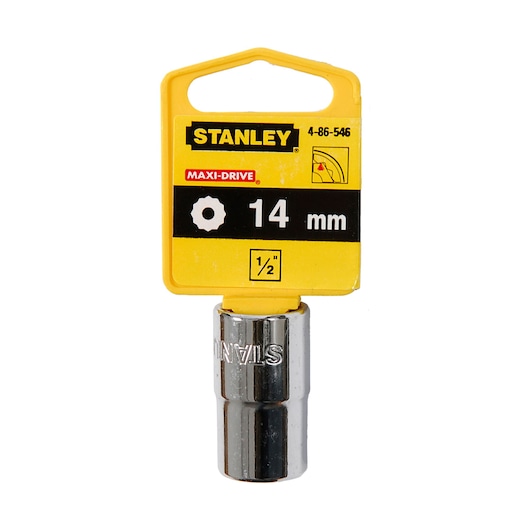 Photo of STANLEY 4-86-546 chrome 14mm socket with yellow MAXI-DRIVE packaging, front view, on white background.